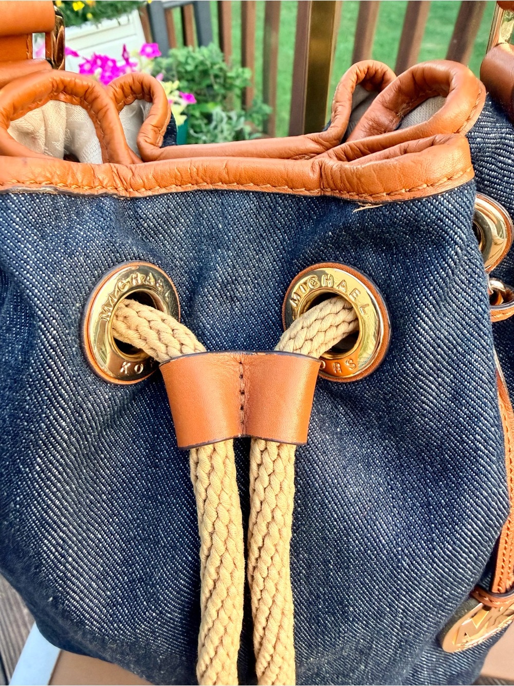 Michael Kors Marina Large Denim Drawstring Bucket Crossbody Bag w/ Branded Dusty - Picture 14 of 16
